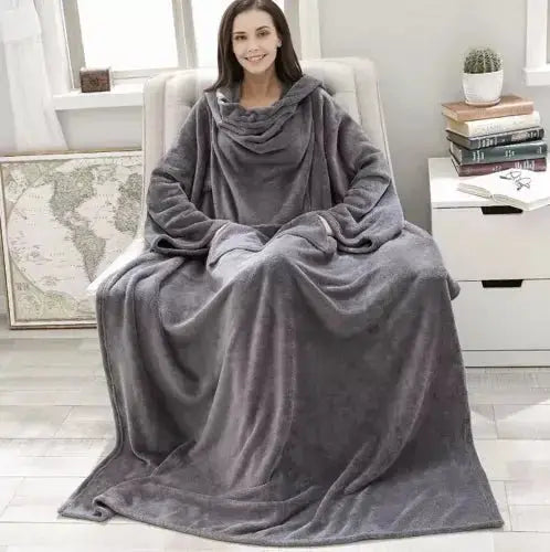 Patura cu Maneci si Buzunar Super Catifelata, Calduroasa, Lunga, Unisex, Gri - Cumpara24