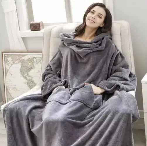 Patura cu Maneci si Buzunar Super Catifelata, Calduroasa, Lunga, Unisex, Gri - Cumpara24