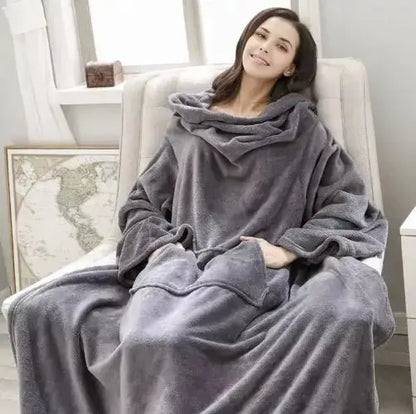 Patura cu Maneci si Buzunar Super Catifelata, Calduroasa, Lunga, Unisex, Gri - Cumpara24