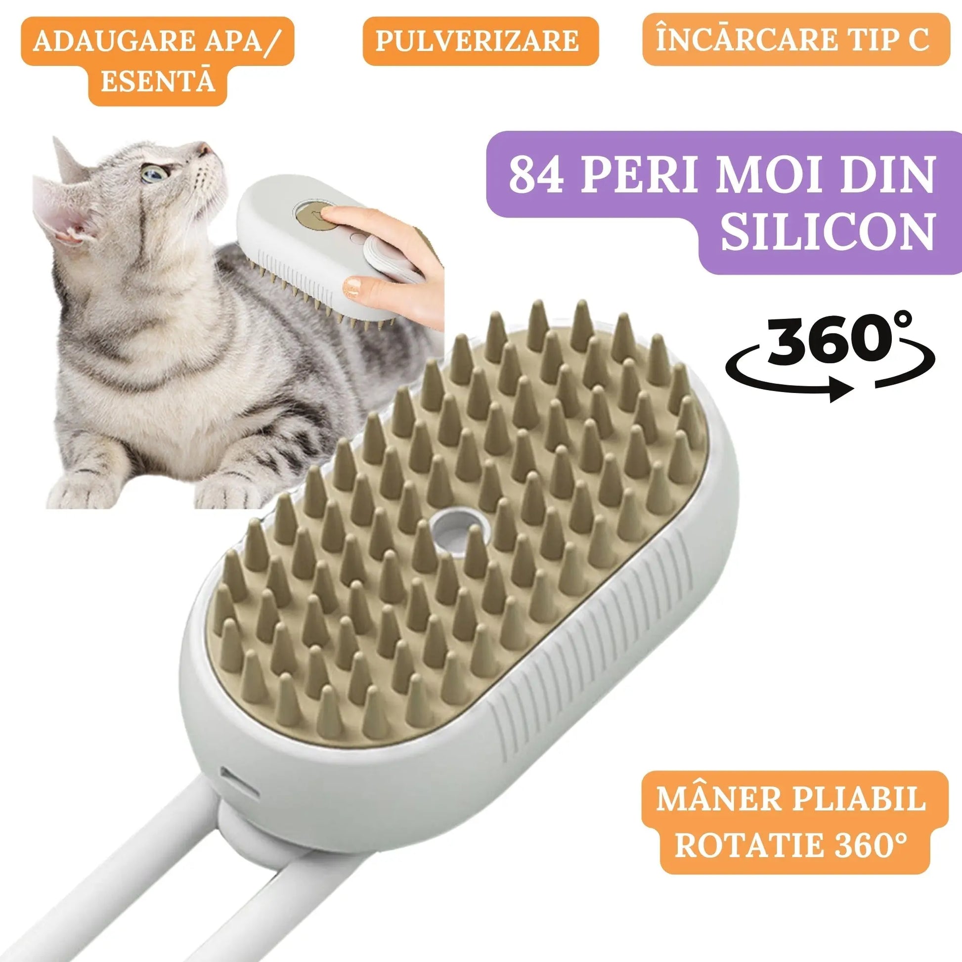 Perie Ergonomica 3 in 1 cu Vapori de Apa, PetLife pentru Caini si Pisici, Peri din Silicon Moi, Dozator Incorporat, Functie de Indepartare Par Excesiv, Efect de Masaj, Stimuleaza Circulatia Sanguina, Incarcare TipC + Rola Saci Igenici, Alb - Gri - Cumpara24
