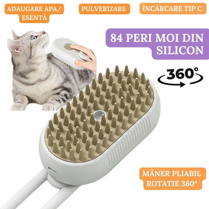 Perie Ergonomica 3 in 1 cu Vapori de Apa, PetLife pentru Caini si Pisici, Peri din Silicon Moi, Dozator Incorporat, Functie de Indepartare Par Excesiv, Efect de Masaj, Stimuleaza Circulatia Sanguina, Incarcare TipC + Rola Saci Igenici, Alb - Gri - Cumpara24