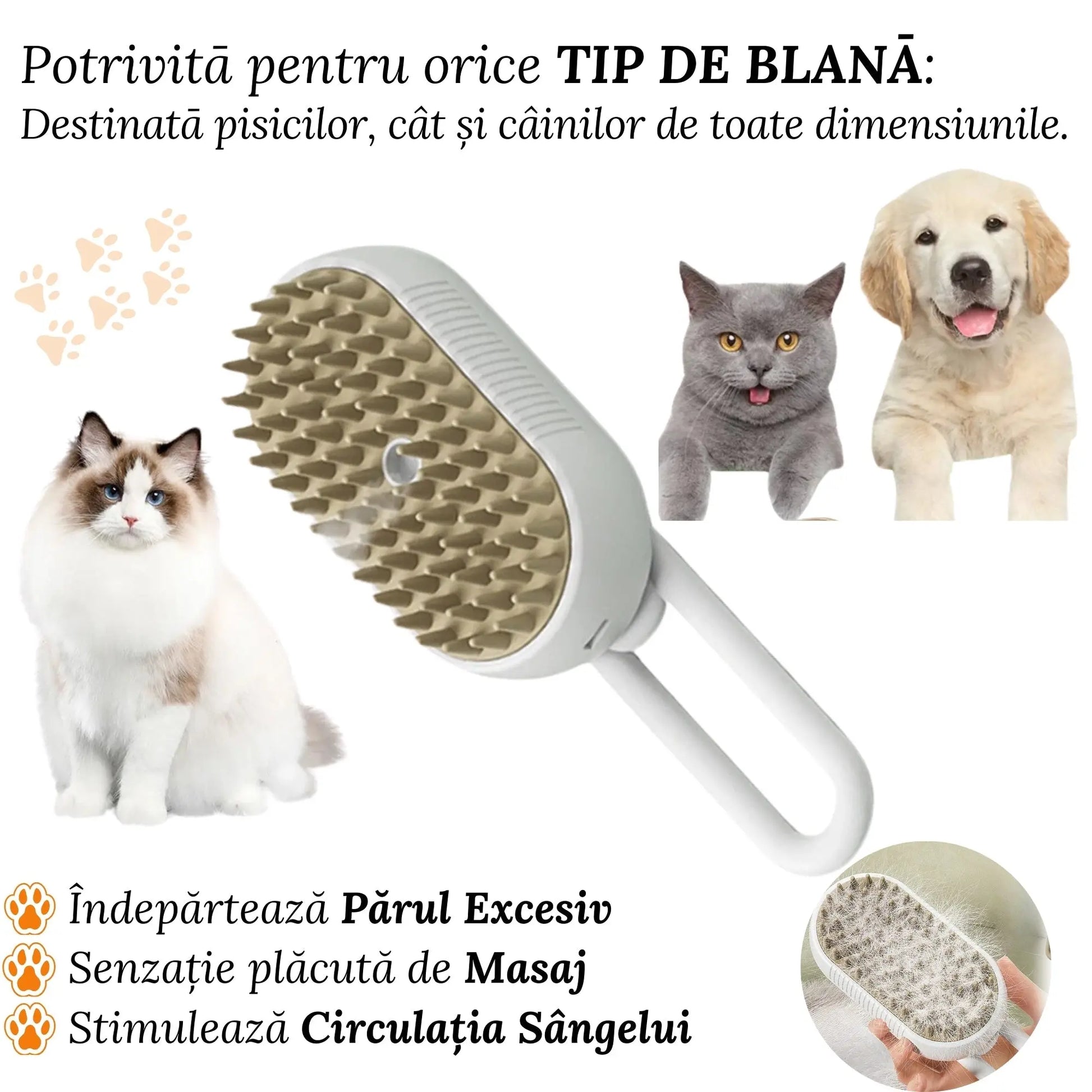 Perie Ergonomica 3 in 1 cu Vapori de Apa, PetLife pentru Caini si Pisici, Peri din Silicon Moi, Dozator Incorporat, Functie de Indepartare Par Excesiv, Efect de Masaj, Stimuleaza Circulatia Sanguina, Incarcare TipC + Rola Saci Igenici, Alb - Gri - Cumpara24