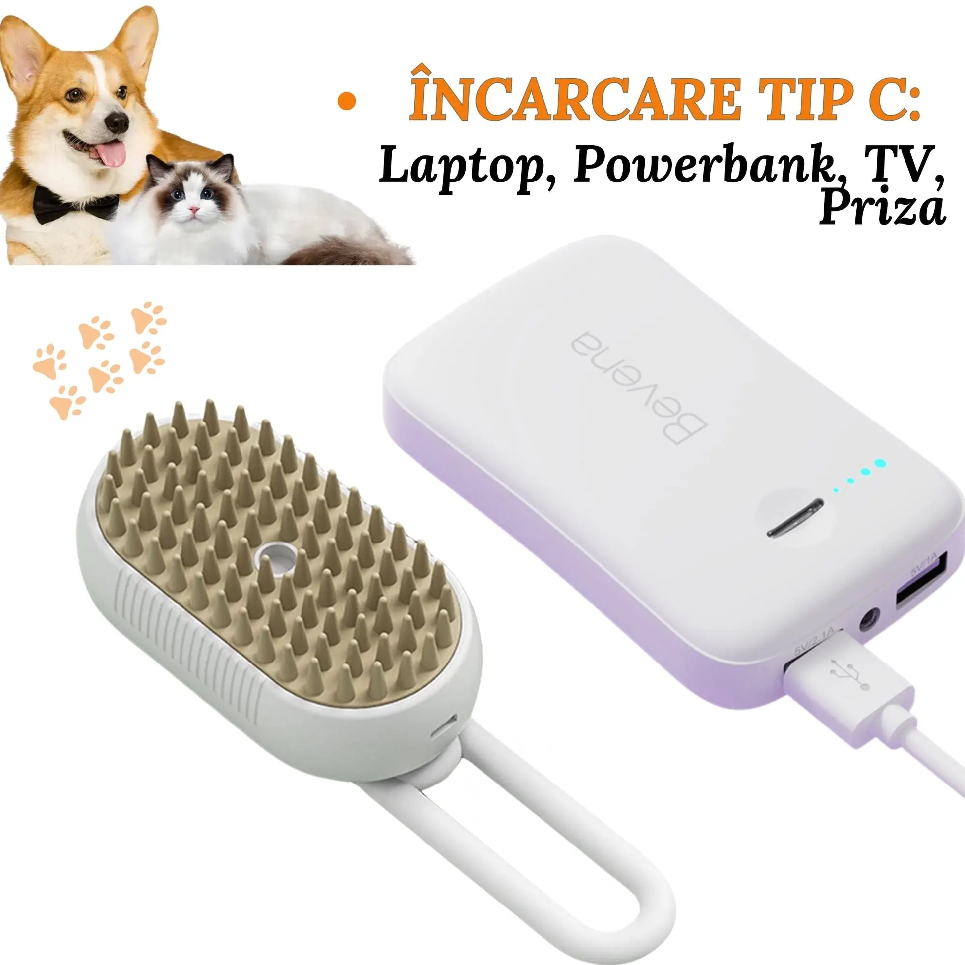 Perie Ergonomica 3 in 1 cu Vapori de Apa, PetLife pentru Caini si Pisici, Peri din Silicon Moi, Dozator Incorporat, Functie de Indepartare Par Excesiv, Efect de Masaj, Stimuleaza Circulatia Sanguina, Incarcare TipC + Rola Saci Igenici, Alb - Gri - Cumpara24