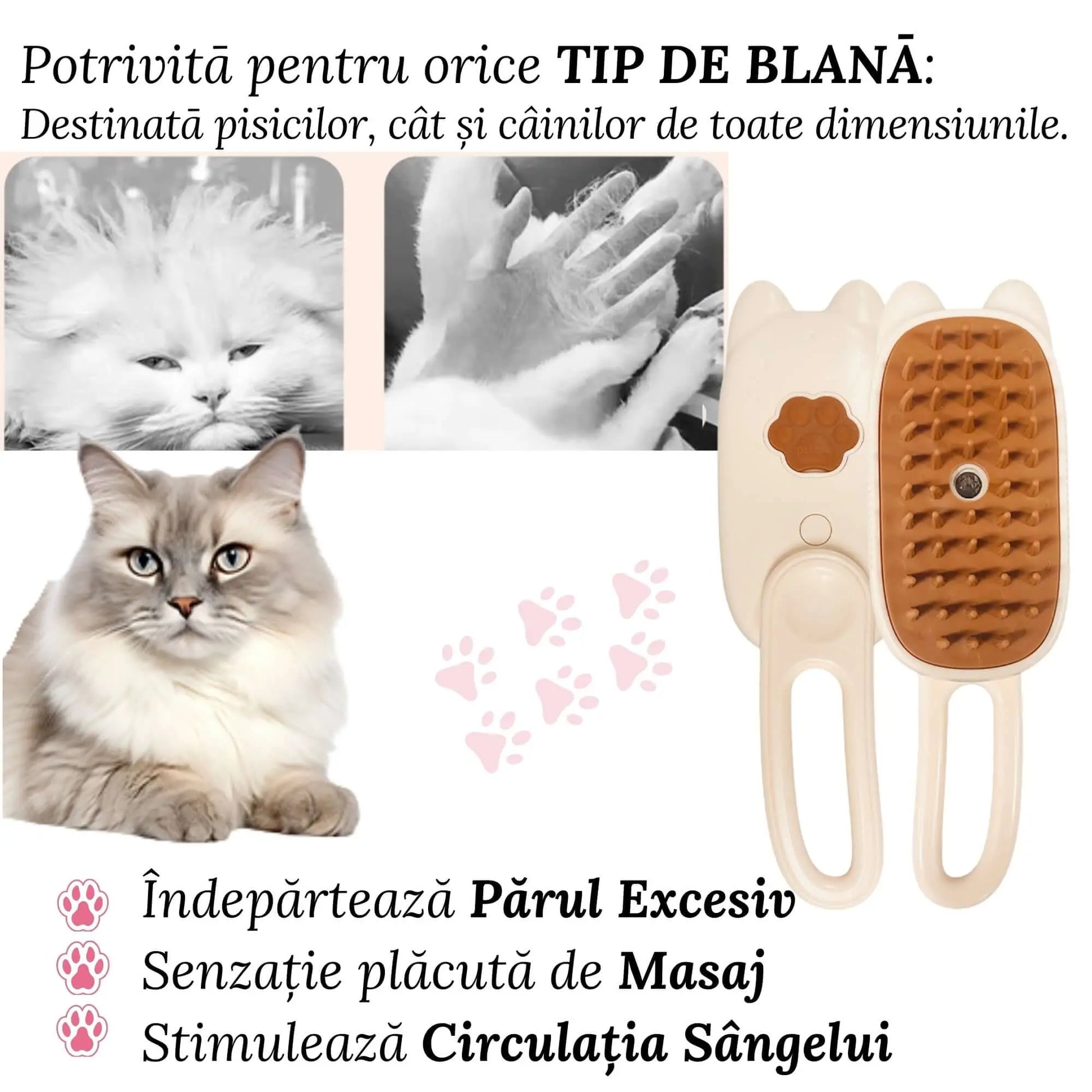 Perie Ergonomica 3 in 1 cu Vapori de Apa, PetLife pentru Caini si Pisici, Peri din Silicon Moi, Dozator Incorporat, Functie de Indepartare Par Excesiv, Efect de Masaj, Stimuleaza Circulatia Sanguina, Incarcare TipC + Rola Saci Igenici, Bej - Cumpara24