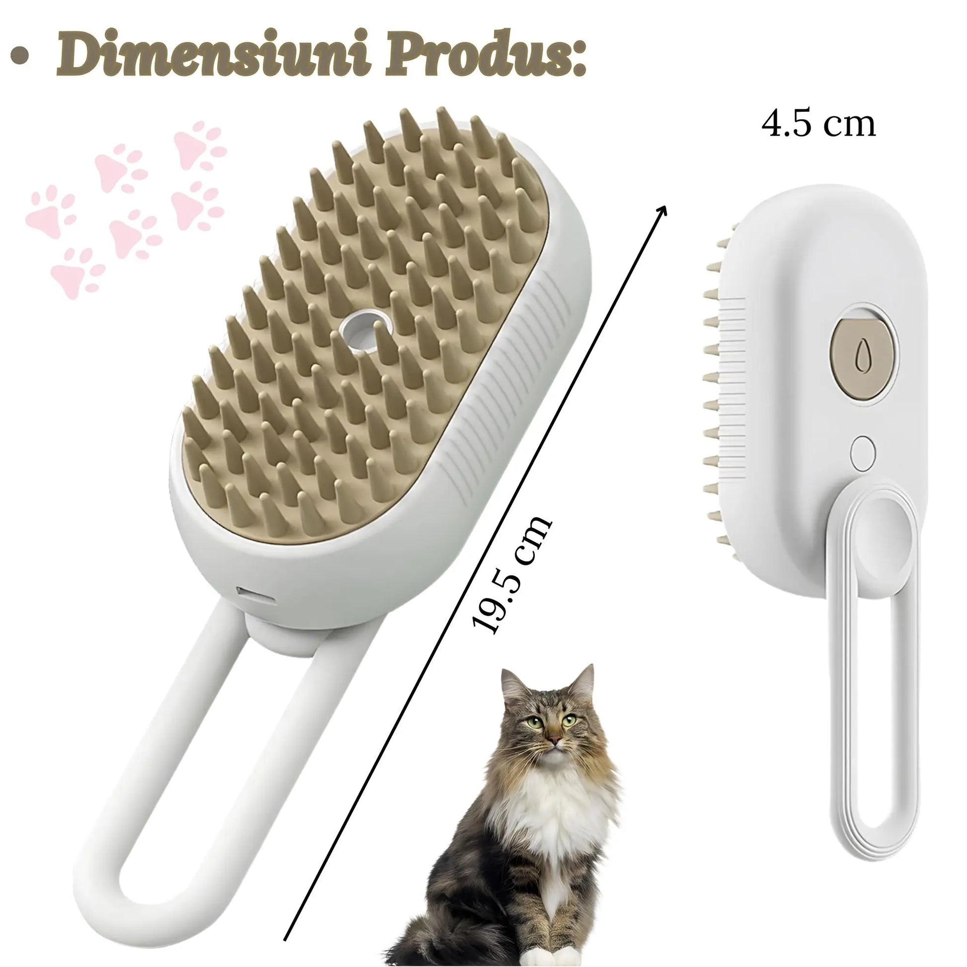 Perie Ergonomica 3 in 1 cu Vapori de Apa, PetLife pentru Caini si Pisici, Peri din Silicon Moi, Dozator Incorporat, Functie de Indepartare Par Excesiv, Efect de Masaj, Stimuleaza Circulatia Sanguina, Incarcare TipC + Rola Saci Igenici, Alb - Gri - Cumpara24