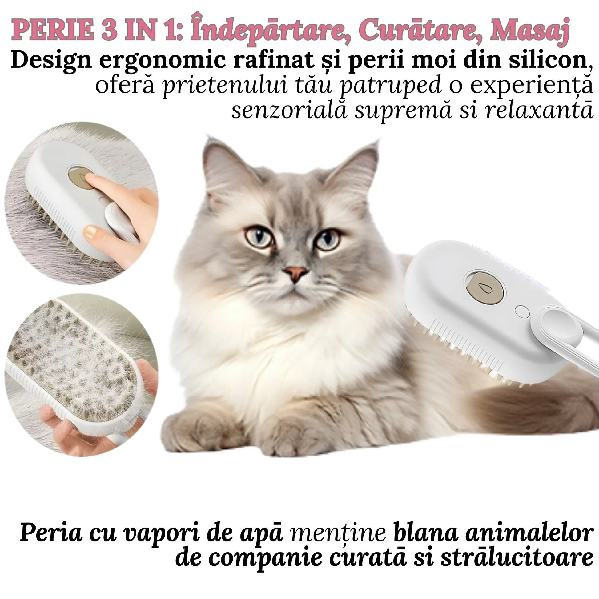 Perie Ergonomica 3 in 1 cu Vapori de Apa, PetLife pentru Caini si Pisici, Peri din Silicon Moi, Dozator Incorporat, Functie de Indepartare Par Excesiv, Efect de Masaj, Stimuleaza Circulatia Sanguina, Incarcare TipC + Rola Saci Igenici, Alb - Gri - Cumpara24