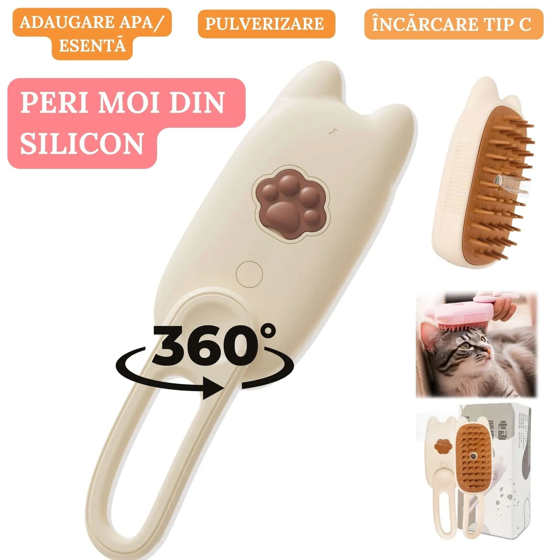 Perie Ergonomica 3 in 1 cu Vapori de Apa, PetLife pentru Caini si Pisici, Peri din Silicon Moi, Dozator Incorporat, Functie de Indepartare Par Excesiv, Efect de Masaj, Stimuleaza Circulatia Sanguina, Incarcare TipC + Rola Saci Igenici, Bej - Cumpara24