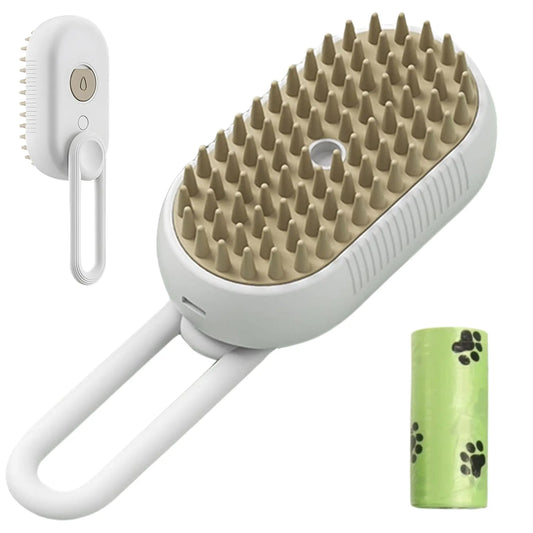 Perie Ergonomica 3 in 1 cu Vapori de Apa, PetLife pentru Caini si Pisici, Peri din Silicon Moi, Dozator Incorporat, Functie de Indepartare Par Excesiv, Efect de Masaj, Stimuleaza Circulatia Sanguina, Incarcare TipC + Rola Saci Igenici, Alb - Gri - Cumpara24