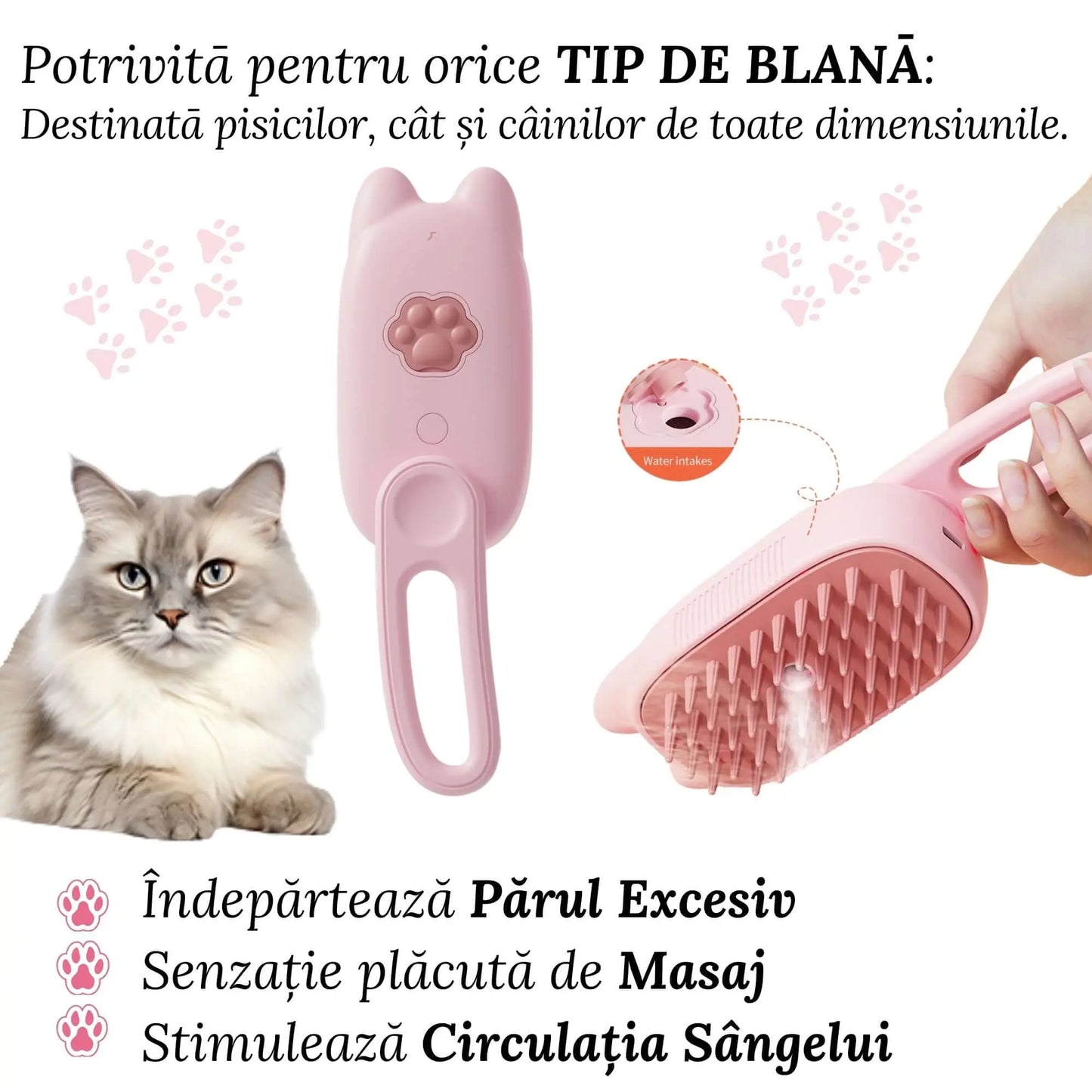 Perie Ergonomica 3 in 1 cu Vapori de Apa, PetLife pentru Caini si Pisici, Peri din Silicon Moi, Dozator Incorporat, Functie de Indepartare Par Excesiv, Efect de Masaj, Stimuleaza Circulatia Sanguina, Incarcare TipC + Rola Saci Igenici, Pink - Cumpara24