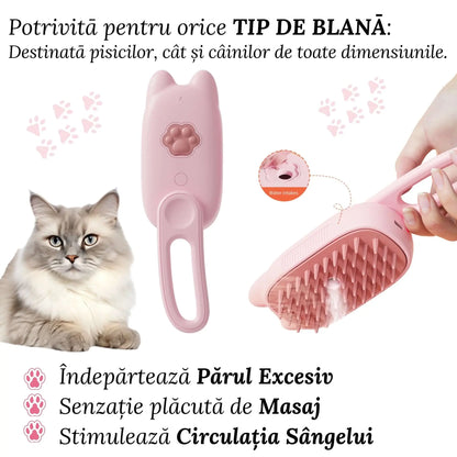 Perie Ergonomica 3 in 1 cu Vapori de Apa, PetLife pentru Caini si Pisici, Peri din Silicon Moi, Dozator Incorporat, Functie de Indepartare Par Excesiv, Efect de Masaj, Stimuleaza Circulatia Sanguina, Incarcare TipC + Rola Saci Igenici, Pink - Cumpara24