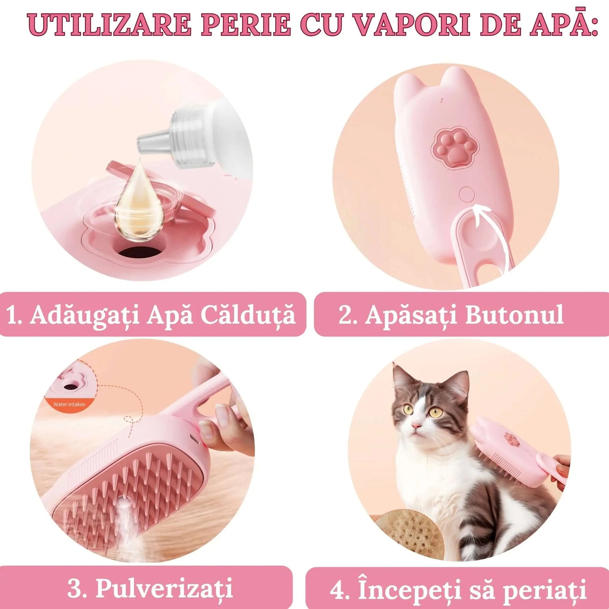 Perie Ergonomica 3 in 1 cu Vapori de Apa, PetLife pentru Caini si Pisici, Peri din Silicon Moi, Dozator Incorporat, Functie de Indepartare Par Excesiv, Efect de Masaj, Stimuleaza Circulatia Sanguina, Incarcare TipC + Rola Saci Igenici, Pink - Cumpara24
