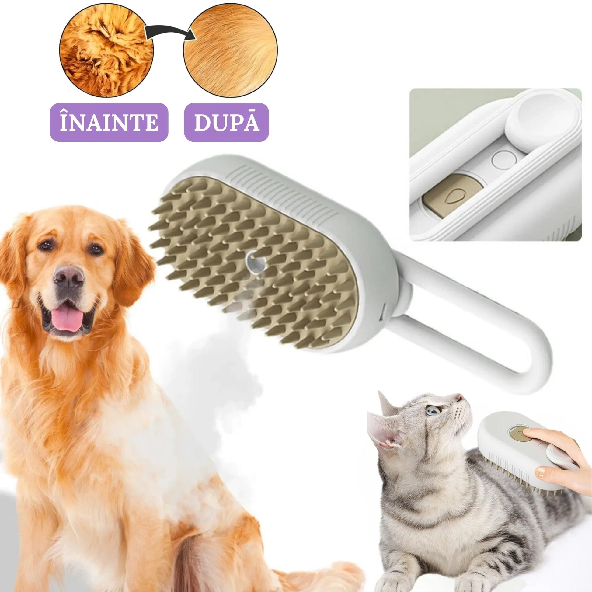 Perie Ergonomica 3 in 1 cu Vapori de Apa, PetLife pentru Caini si Pisici, Peri din Silicon Moi, Dozator Incorporat, Functie de Indepartare Par Excesiv, Efect de Masaj, Stimuleaza Circulatia Sanguina, Incarcare TipC + Rola Saci Igenici, Alb - Gri - Cumpara24