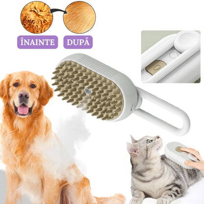 Perie Ergonomica 3 in 1 cu Vapori de Apa, PetLife pentru Caini si Pisici, Peri din Silicon Moi, Dozator Incorporat, Functie de Indepartare Par Excesiv, Efect de Masaj, Stimuleaza Circulatia Sanguina, Incarcare TipC + Rola Saci Igenici, Alb - Gri - Cumpara24
