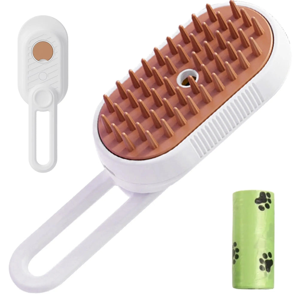 Perie Ergonomica 3 in 1 cu Vapori de Apa, PetLife pentru Caini si Pisici, Peri din Silicon Moi, Dozator Incorporat, Functie de Indepartare Par Excesiv, Efect de Masaj, Stimuleaza Circulatia Sanguina, Incarcare TipC + Rola Saci Igenici, Alb Maroniu - Cumpara24
