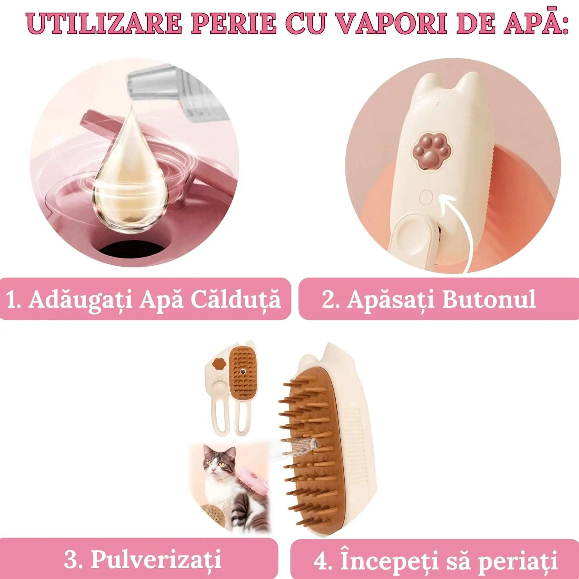 Perie Ergonomica 3 in 1 cu Vapori de Apa, PetLife pentru Caini si Pisici, Peri din Silicon Moi, Dozator Incorporat, Functie de Indepartare Par Excesiv, Efect de Masaj, Stimuleaza Circulatia Sanguina, Incarcare TipC + Rola Saci Igenici, Bej - Cumpara24