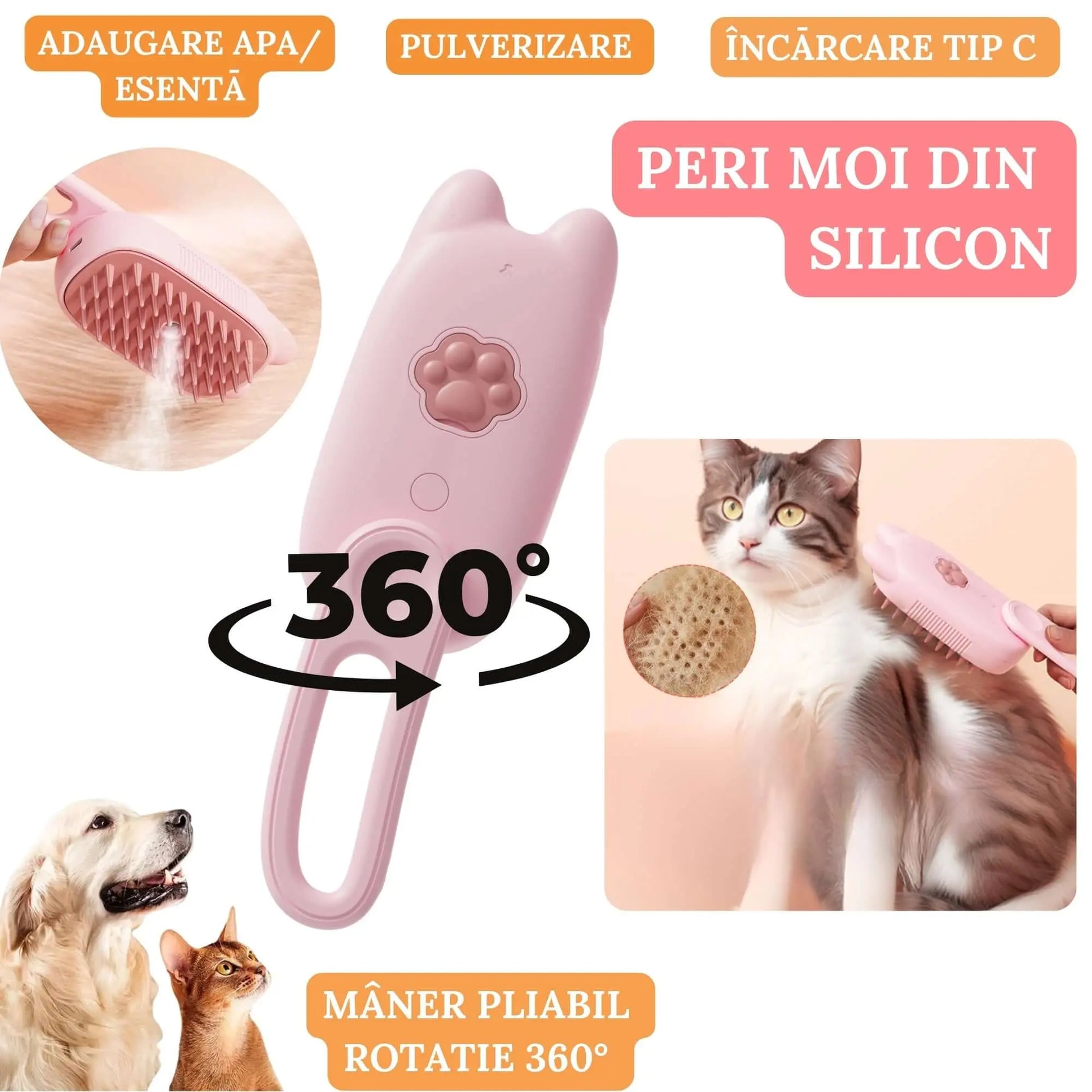 Perie Ergonomica 3 in 1 cu Vapori de Apa, PetLife pentru Caini si Pisici, Peri din Silicon Moi, Dozator Incorporat, Functie de Indepartare Par Excesiv, Efect de Masaj, Stimuleaza Circulatia Sanguina, Incarcare TipC + Rola Saci Igenici, Pink - Cumpara24
