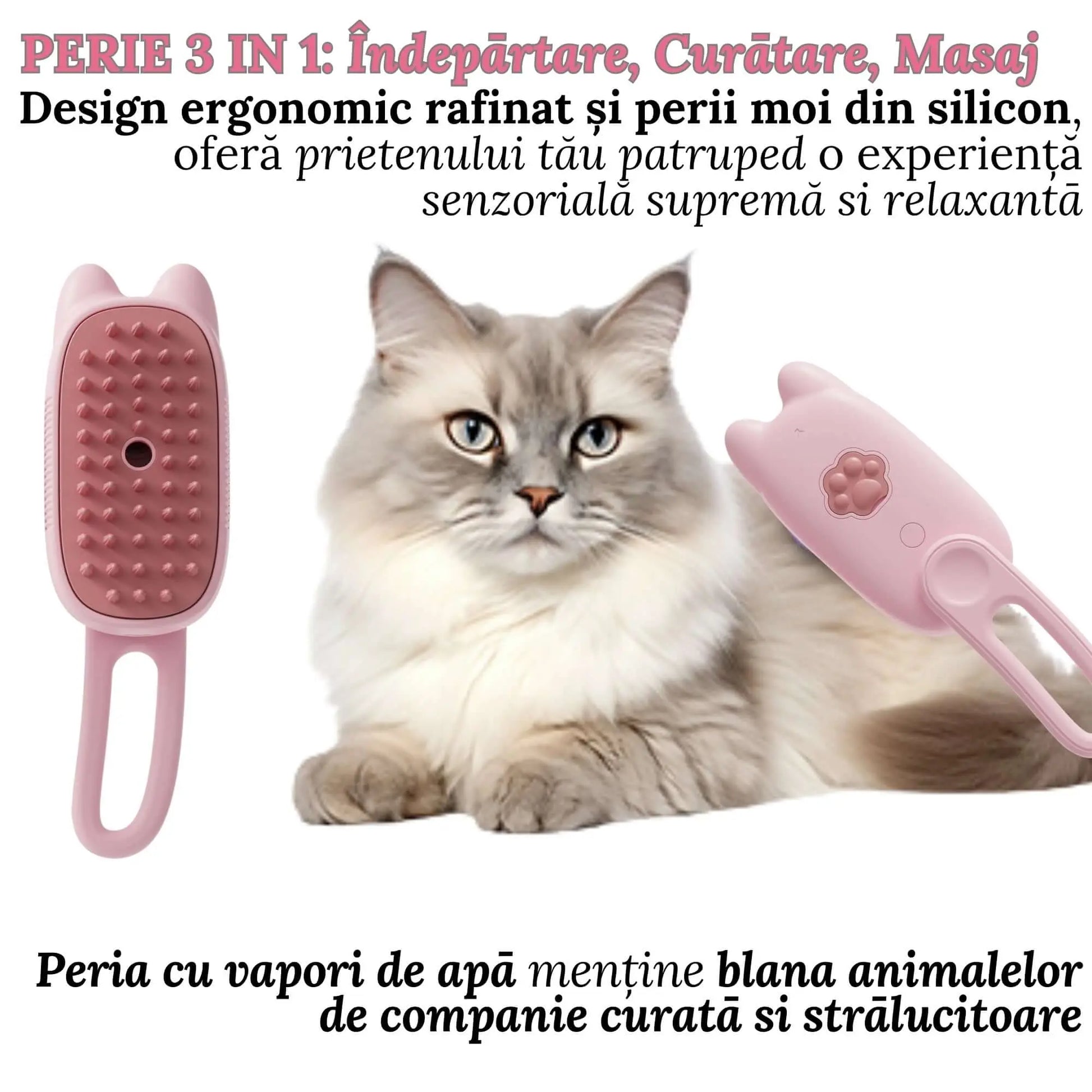 Perie Ergonomica 3 in 1 cu Vapori de Apa, PetLife pentru Caini si Pisici, Peri din Silicon Moi, Dozator Incorporat, Functie de Indepartare Par Excesiv, Efect de Masaj, Stimuleaza Circulatia Sanguina, Incarcare TipC + Rola Saci Igenici, Pink - Cumpara24
