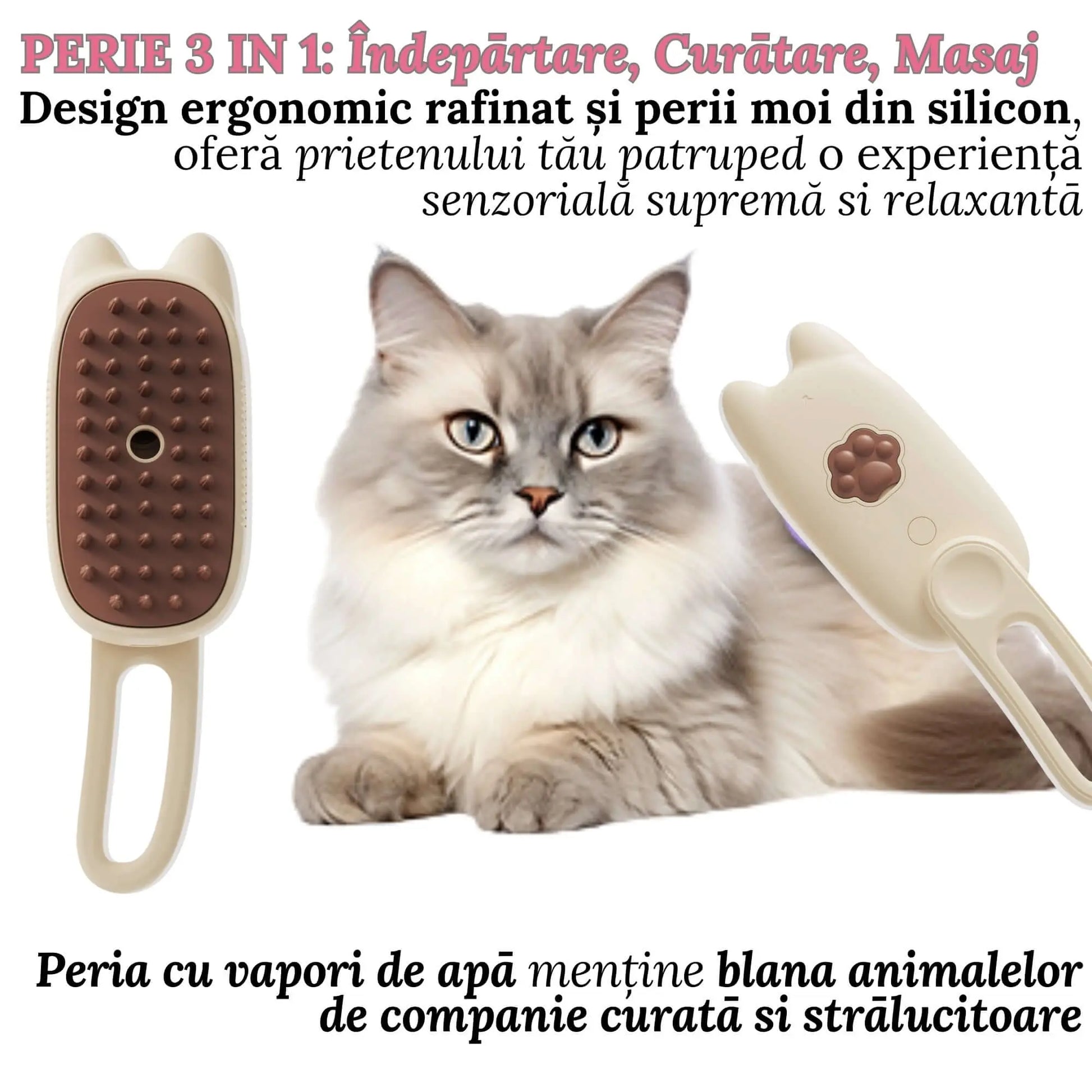 Perie Ergonomica 3 in 1 cu Vapori de Apa, PetLife pentru Caini si Pisici, Peri din Silicon Moi, Dozator Incorporat, Functie de Indepartare Par Excesiv, Efect de Masaj, Stimuleaza Circulatia Sanguina, Incarcare TipC + Rola Saci Igenici, Bej - Cumpara24