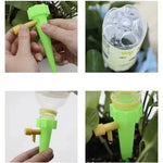 Instrucțiuni de utilizare pentru picuratorul de plante, verde, demonstrând montarea și utilizarea acestuia cu o sticlă de plastic pentru irigare automată.