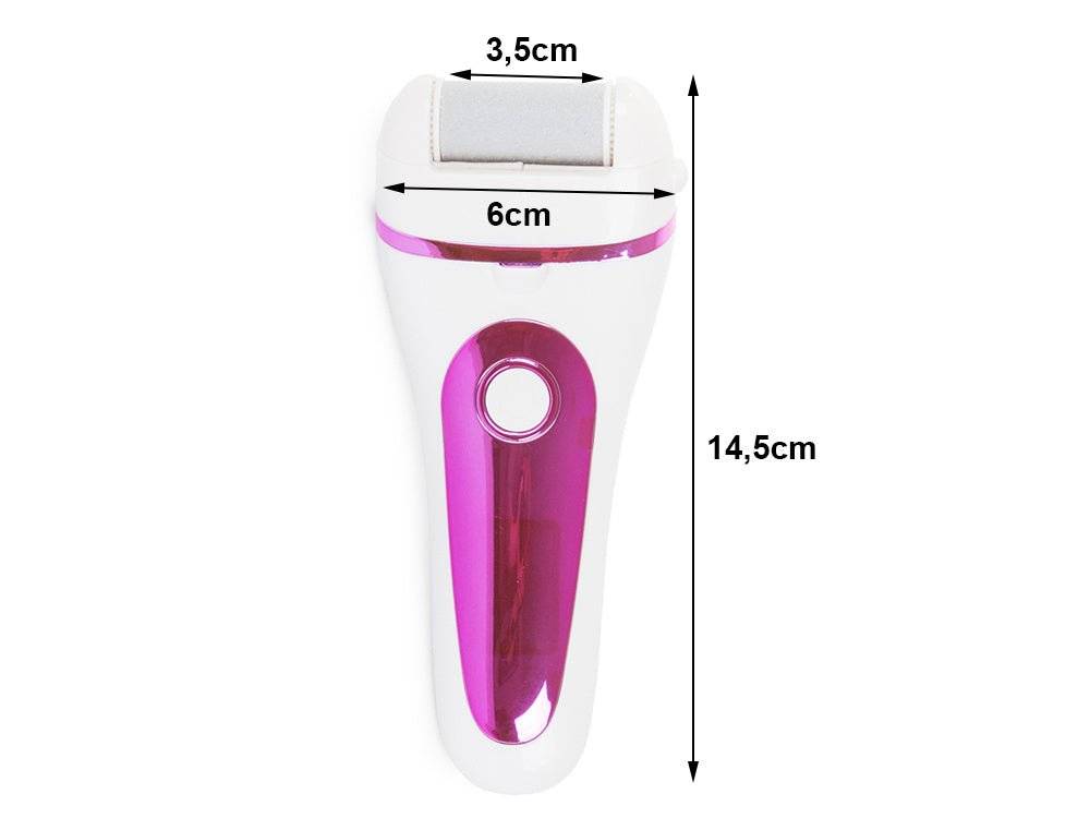 Dimensiuni pila electrica LCD pentru calcaie si calus: 14,5 cm lungime, 6 cm latime, 3,5 cm cap de pilire.