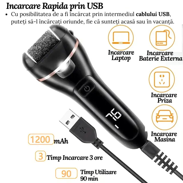 Pila Electrica pentru Calcaie si Talpi, Dedicata pentru Calus, Bataturi, Lanterna LED, Baterie Reincarcabila, Acumulator 1200 mAh, Incarcare USB, 2000 rpm, Accesorii Incluse: 6 Capete de Slefuire cu Granulatie Diferita, 7 Accesorii Utile, Negru - Cumpara24