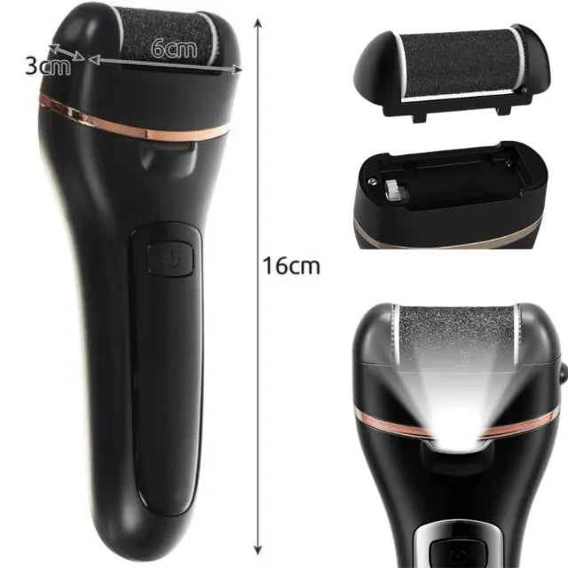 Pila Electrica pentru Calcaie si Talpi, Dedicata pentru Calus, Bataturi, Lanterna LED, Baterie Reincarcabila, Acumulator 1200 mAh, Incarcare USB, 2000 rpm, Accesorii Incluse: 6 Capete de Slefuire cu Granulatie Diferita, 7 Accesorii Utile, Negru - Cumpara24