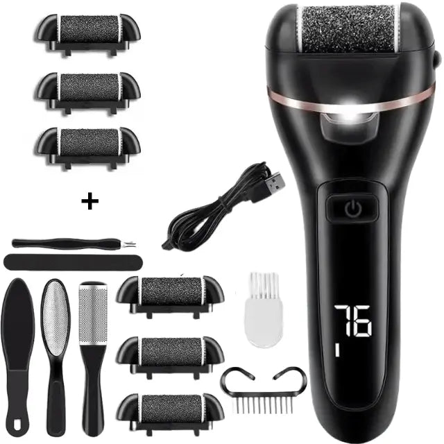 Pila Electrica pentru Calcaie si Talpi, Dedicata pentru Calus, Bataturi, Lanterna LED, Baterie Reincarcabila, Acumulator 1200 mAh, Incarcare USB, 2000 rpm, Accesorii Incluse: 6 Capete de Slefuire cu Granulatie Diferita, 7 Accesorii Utile, Negru - Cumpara24