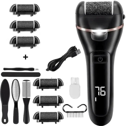 Pila Electrica pentru Calcaie si Talpi, Dedicata pentru Calus, Bataturi, Lanterna LED, Baterie Reincarcabila, Acumulator 1200 mAh, Incarcare USB, 2000 rpm, Accesorii Incluse: 6 Capete de Slefuire cu Granulatie Diferita, 7 Accesorii Utile, Negru - Cumpara24