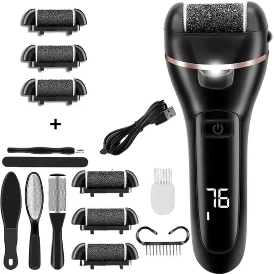 Pila Electrica pentru Calcaie si Talpi, Dedicata pentru Calus, Bataturi, Lanterna LED, Baterie Reincarcabila, Acumulator 1200 mAh, Incarcare USB, 2000 rpm, Accesorii Incluse: 6 Capete de Slefuire cu Granulatie Diferita, 7 Accesorii Utile, Negru - Cumpara24
