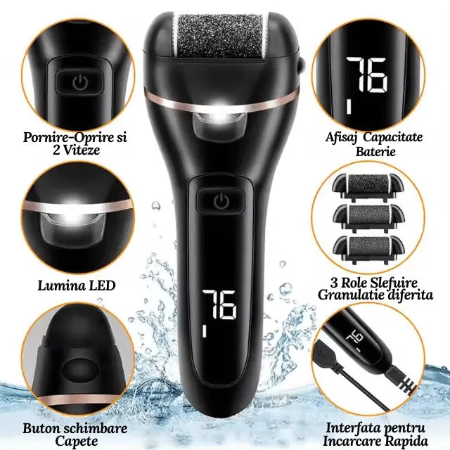 Pila Electrica pentru Calcaie si Talpi, Dedicata pentru Calus, Bataturi, Lanterna LED, Baterie Reincarcabila, Acumulator 1200 mAh, Incarcare USB, 2000 rpm, Accesorii Incluse: 6 Capete de Slefuire cu Granulatie Diferita, 7 Accesorii Utile, Negru - Cumpara24