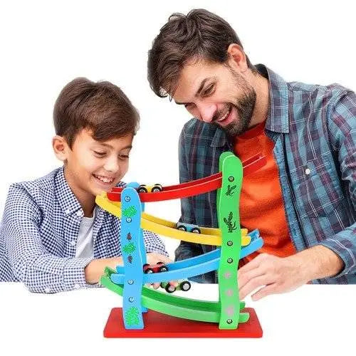 Pista de Coborare din Lemn Tip Topogan cu 4 Masinute Colorate - Cumpara24
