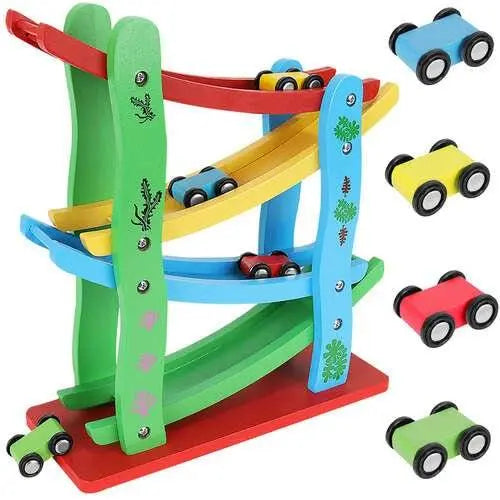 Pista de Coborare din Lemn Tip Topogan cu 4 Masinute Colorate - Cumpara24