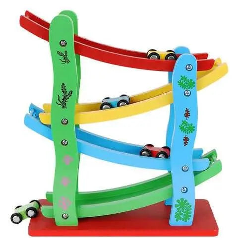 Pista de Coborare din Lemn Tip Topogan cu 4 Masinute Colorate - Cumpara24