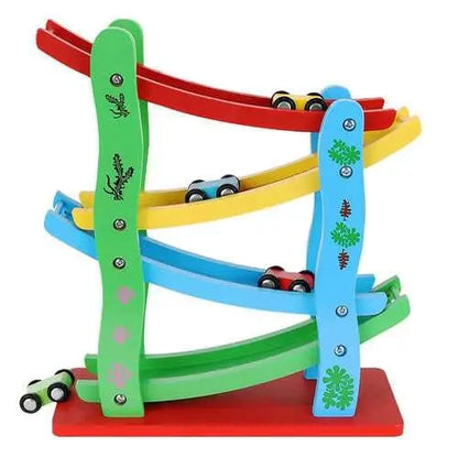 Pista de Coborare din Lemn Tip Topogan cu 4 Masinute Colorate - Cumpara24