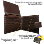 Portofel Barbati, Piele Naturala cu Compartiment Carte de Identitate, Inchidere Capsa, 13x10x2.5 cm, Maro - Cumpara24