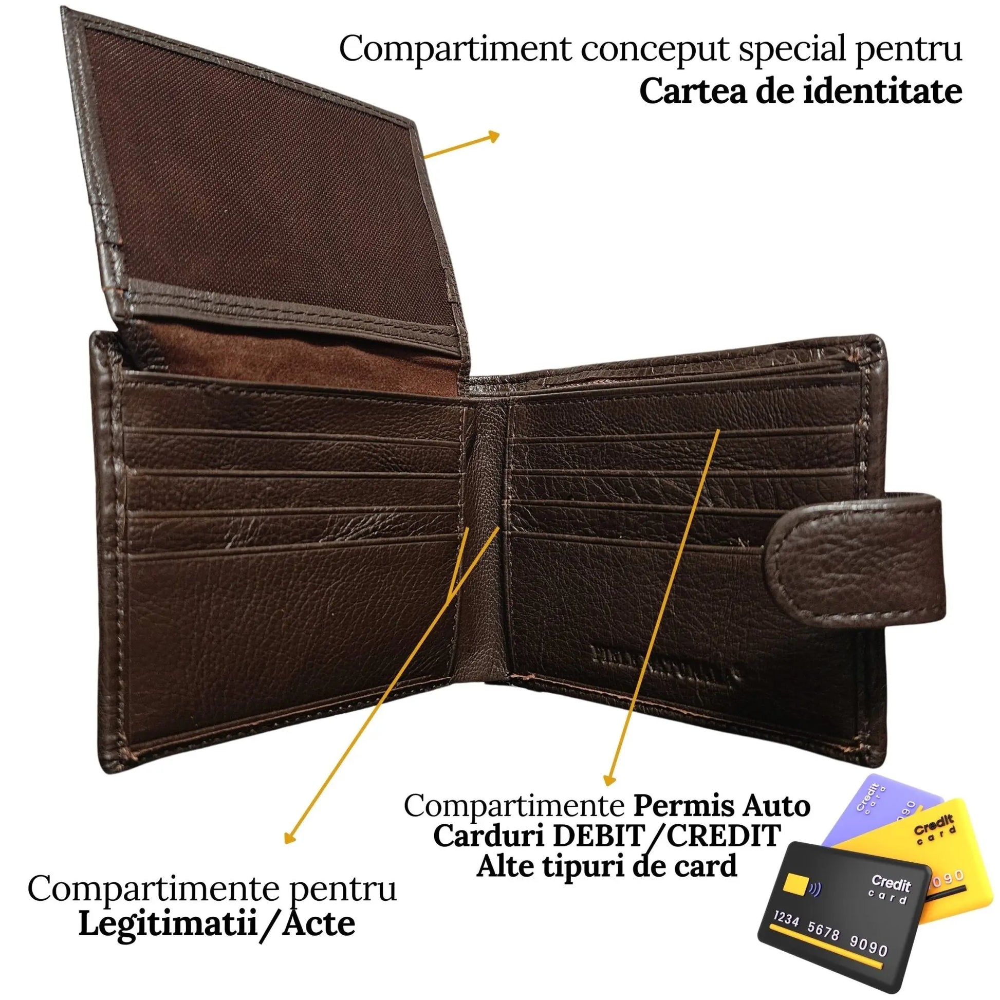 Portofel Barbati, Piele Naturala cu Compartiment Carte de Identitate, Inchidere Capsa, 13x10x2.5 cm, Maro - Cumpara24