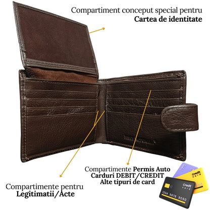 Portofel Barbati, Piele Naturala cu Compartiment Carte de Identitate, Inchidere Capsa, 13x10x2.5 cm, Maro - Cumpara24