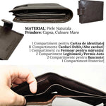 Portofel Barbati, Piele Naturala cu Compartiment Carte de Identitate, Inchidere Capsa, 13x10x2.5 cm, Maro - Cumpara24