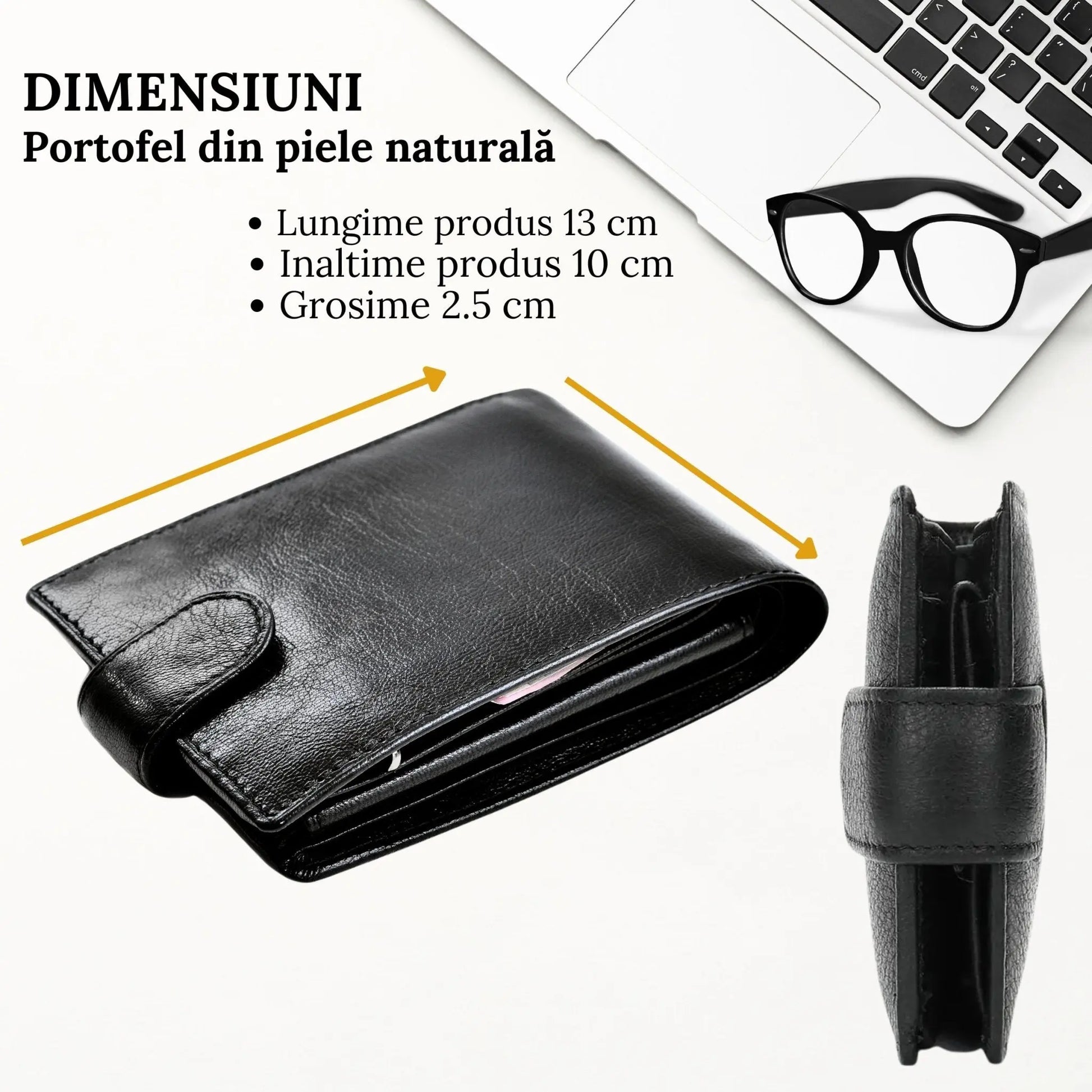 Portofel Barbati, Piele Naturala cu Compartiment Carte de Identitate si Permis Auto, Inchidere Capsa, 13x10x2.5 cm, Negru - Cumpara24