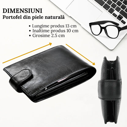Portofel Barbati, Piele Naturala cu Compartiment Carte de Identitate si Permis Auto, Inchidere Capsa, 13x10x2.5 cm, Negru - Cumpara24