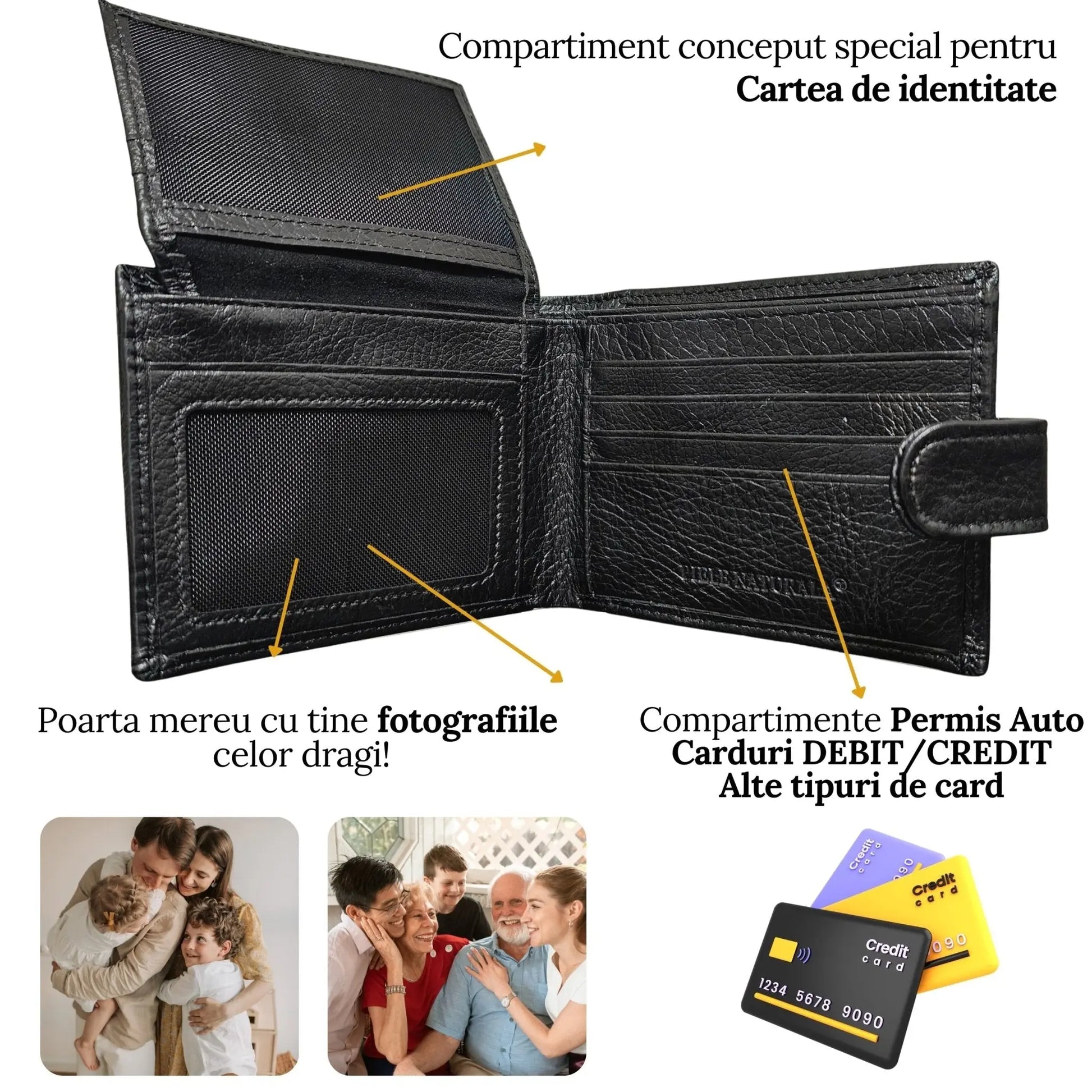 Portofel Barbati, Piele Naturala cu Compartiment Carte de Identitate si Permis Auto, Inchidere Capsa, 13x10x2.5 cm, Negru - Cumpara24