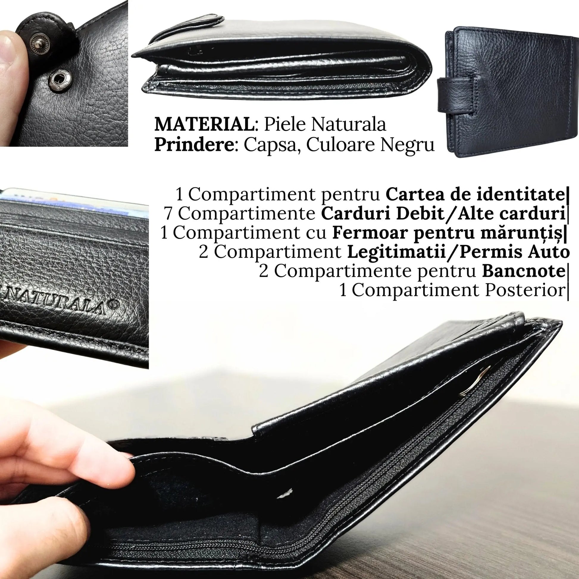 Portofel Barbati, Piele Naturala cu Compartiment Carte de Identitate si Permis Auto, Inchidere Capsa, 13x10x2.5 cm, Negru - Cumpara24
