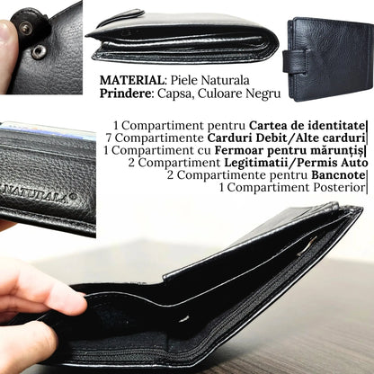 Portofel Barbati, Piele Naturala cu Compartiment Carte de Identitate si Permis Auto, Inchidere Capsa, 13x10x2.5 cm, Negru - Cumpara24