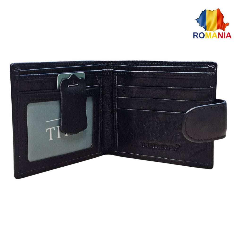 Portofel Barbati, Piele Naturala cu Compartiment Permis Auto, Inchidere Capsa, 10x12x3 cm, Negru - Cumpara24