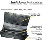 Portofel Dama, Piele Naturala, 17 Compartimente Totale, Buzunar Permis Auto, Inchidere Capsa Magnetica, 18.5x10x3 cm, Negru - Cumpara24