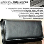 Portofel Dama, Piele Naturala, 17 Compartimente Totale, Buzunar Permis Auto, Inchidere Capsa Magnetica, 18.5x10x3 cm, Negru - Cumpara24