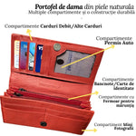 Portofel Dama, Piele Naturala, 17 Compartimente Totale, Buzunar Permis Auto, Inchidere Capsa Magnetica, 18.5x10x3 cm, Rosu - Cumpara24