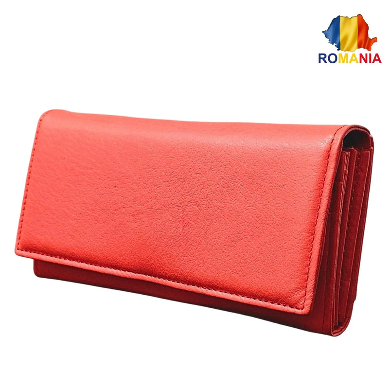 Portofel Dama, Piele Naturala, 17 Compartimente Totale, Buzunar Permis Auto, Inchidere Capsa Magnetica, 18.5x10x3 cm, Rosu - Cumpara24