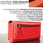 Portofel Dama, Piele Naturala, 17 Compartimente Totale, Buzunar Permis Auto, Inchidere Capsa Magnetica, 18.5x10x3 cm, Rosu - Cumpara24