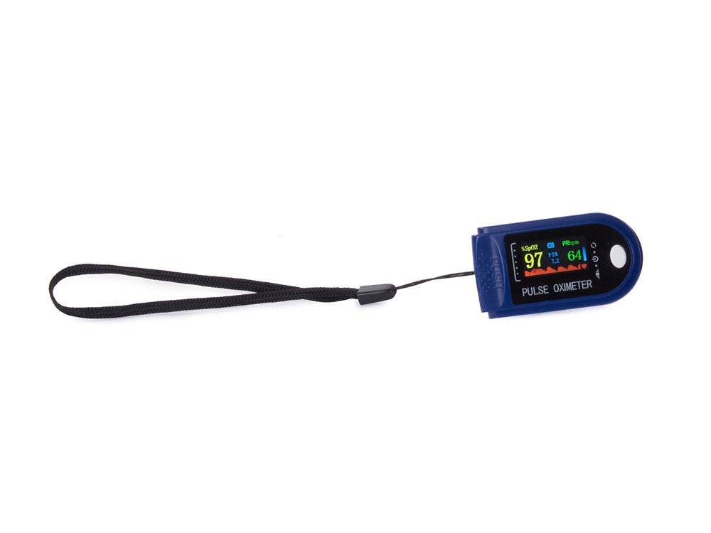 Pulsoximetru digital alb/albastru cu snur atasat, afisaj LED in 4 culori pentru monitorizarea nivelului de oxigen si pulsului. Cumpara acum pe Cumpara24!